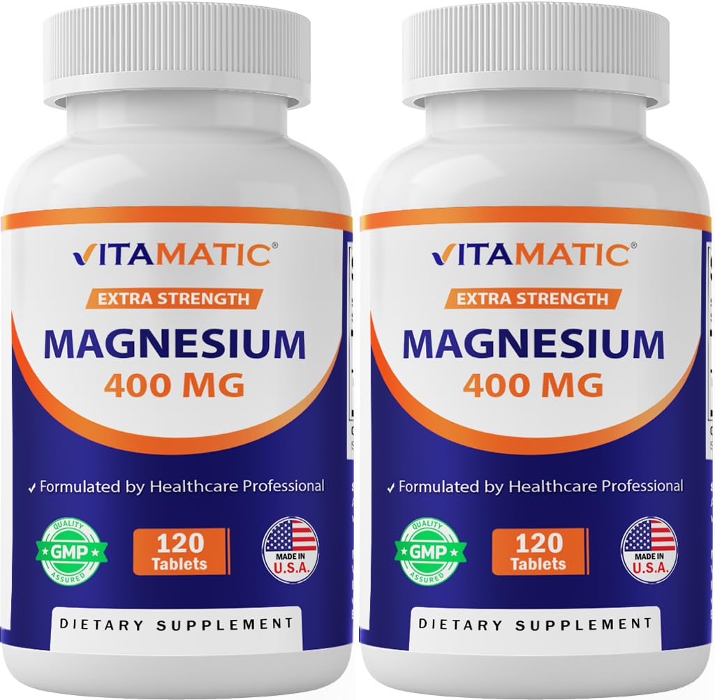 Vitamatic Extra Stregth Magnesium Oxide 400 mg 120 Vegetarian Tablets - Supports Muscle, Nerve, and Heart Health* - Made in The USA - Non-GMO & Gluten Free - 2 Pack