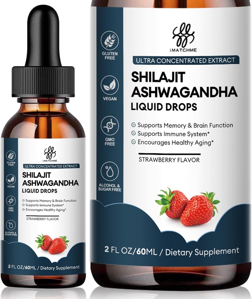 iMATCHME Shilajit Liquid Drop met Ashwagandha voor verbeterde energie en immuunondersteuning, Shilajit voor mannen Energie Booster, Sugar-Free, aardbeien smaak, 2 Fl Oz