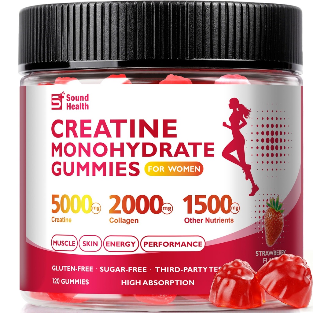 12 in 1 Creatine Gummies, 8500mg Strawberry Flavor Organic Creatine Monohydrate Gummies for Women & Men Sugar Free Nutritional Supplements with Collagen, BCAAs, Vitamin C & B12, 120 Count
