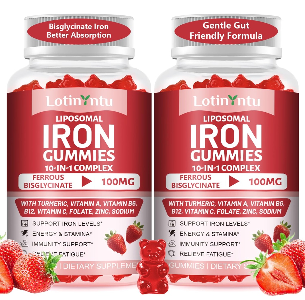 2 Pack 100MG Iron Bisglycinate Gummies 10-in-1 Ferrous Bisglycinate for Women ＆ Men Plus Vitamin C, Vitamin B6 B12 for Iron Deficiency, Support Iron Levels, Energy & Stamina, Immunity Support