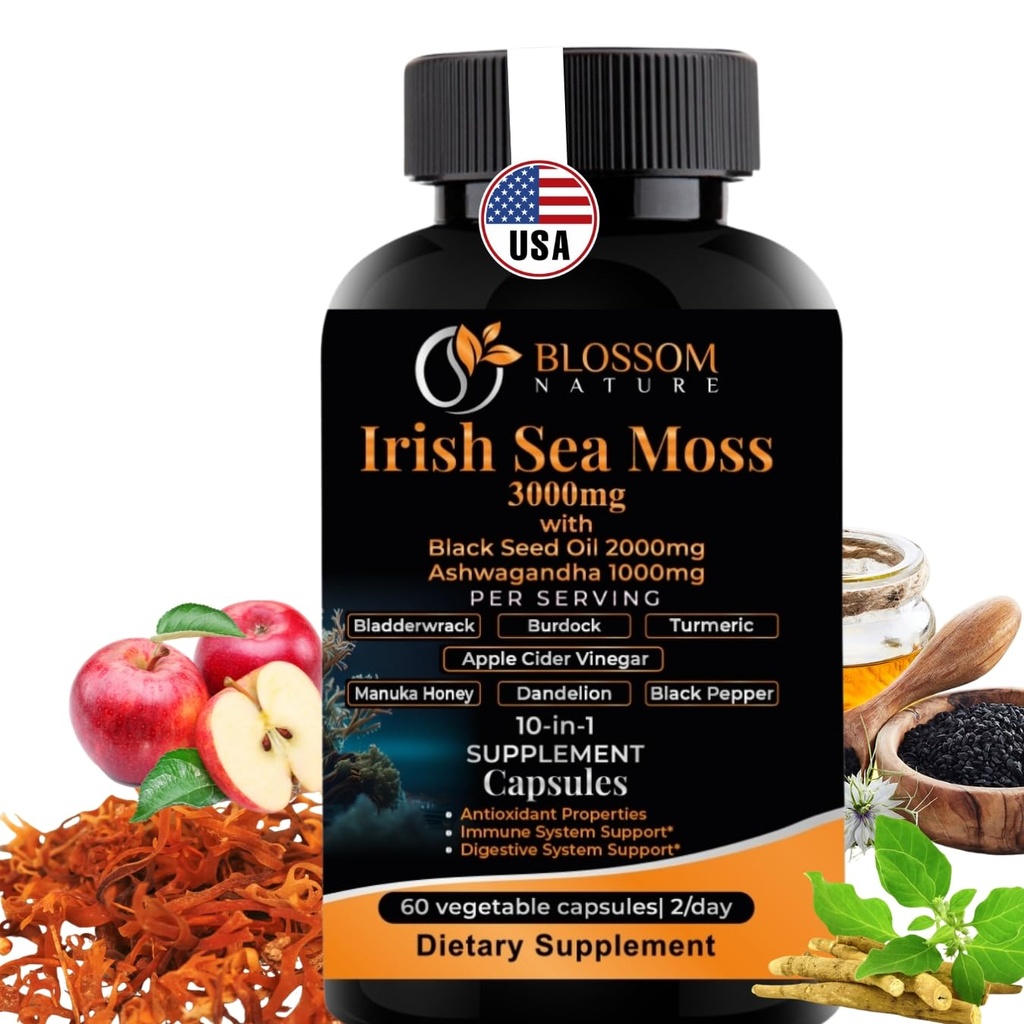 10-in-1 Irish Sea Moss Veggie Caps 3000mg Black Seed Oil Ashwagandha Bladderwrack Burdock Kurkuma Apple Cider Vinegar Manuka Honey Dandelion Black Pepper - Made in US(Veggie Caps, Unflavored)