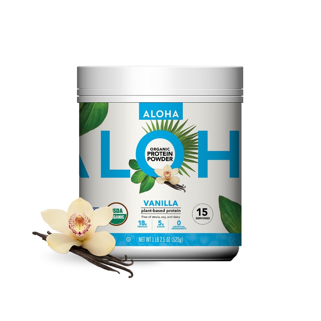 ALOHA Organic Plant Based Protein Powder, Stevia Free, Vanille, 19.6 oz, 15 porties VERPAKKING MAY VARY
