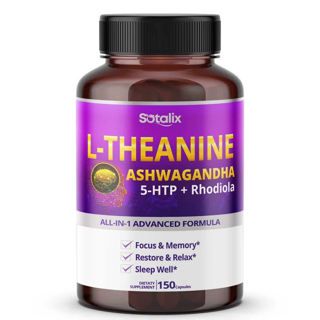 Sotalix L-Theanine Supplement met Ashwagandha 5-HTP + Rhodiola - Focus & Memory, Restore & Relax, Slaapkwaliteit - USA Made & Tested (150 Count (Pack of 1))