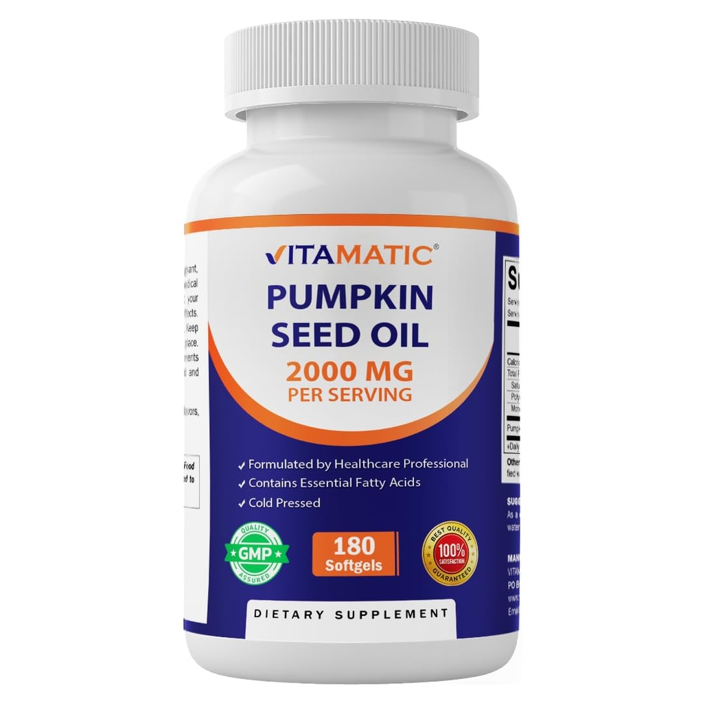 Vitamatic Pumpkin Seed Oil 2000mg Softgel Capsules per portie - 180 Softgels - 1000mg per softgel