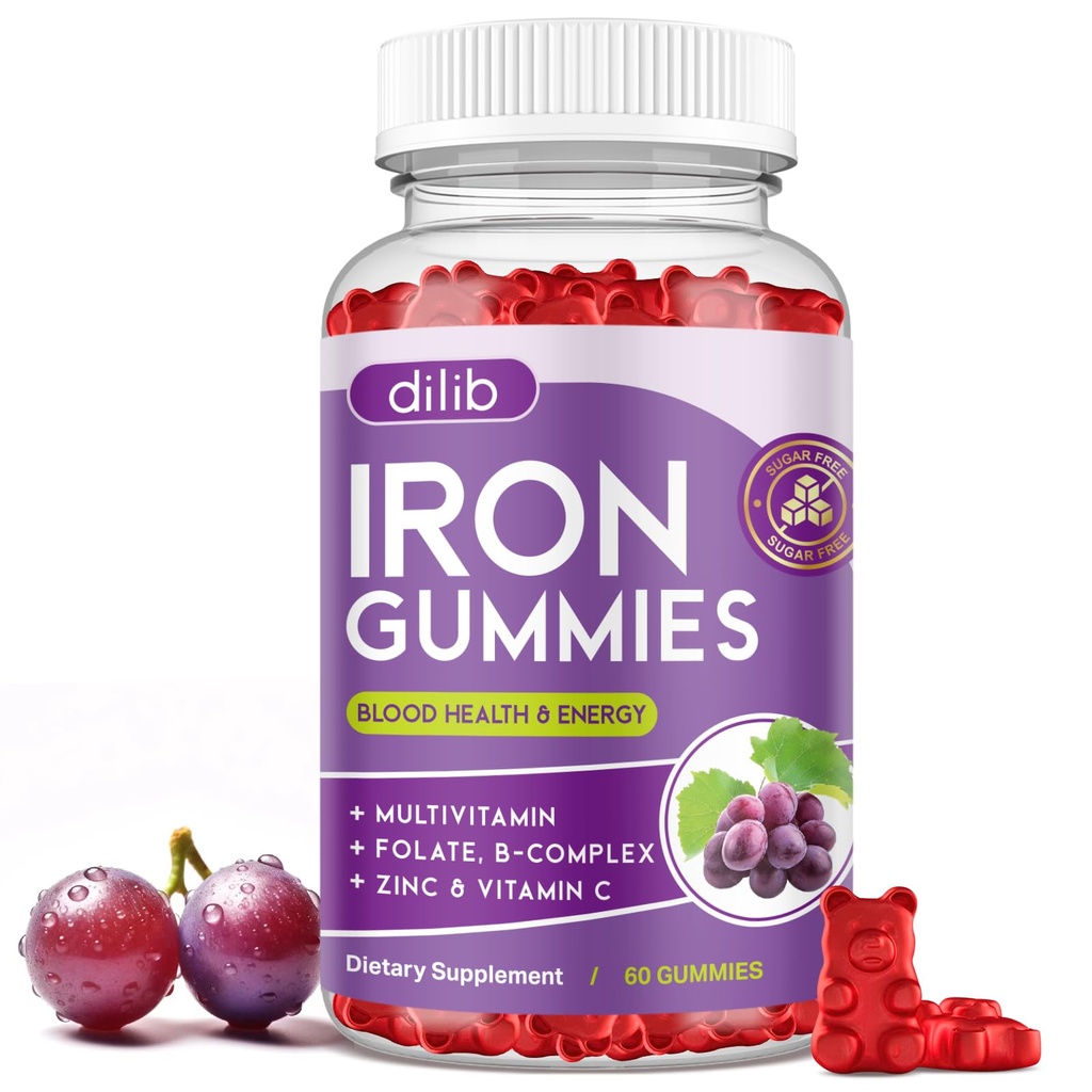 Iron Gummies with Multivitamin, Iron Supplement for Women & Men with Zinc, Vitamin B Complex & C, B12, Folate - Blood Builder & Energy Support for Adults & Kids - Grape Flavor, Vegan 60 Gummies
