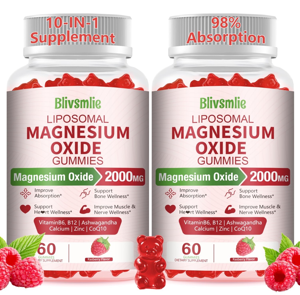 2 Pack Liposomal Magnesium Oxide Gummies 2000mg Complex Ashwagandha,CoQ10, L-Theanine, L-5-MTHF, Methyl B12, Zinc for Sleep & Energy,Stress Relief,Heart Health,Neuro Support