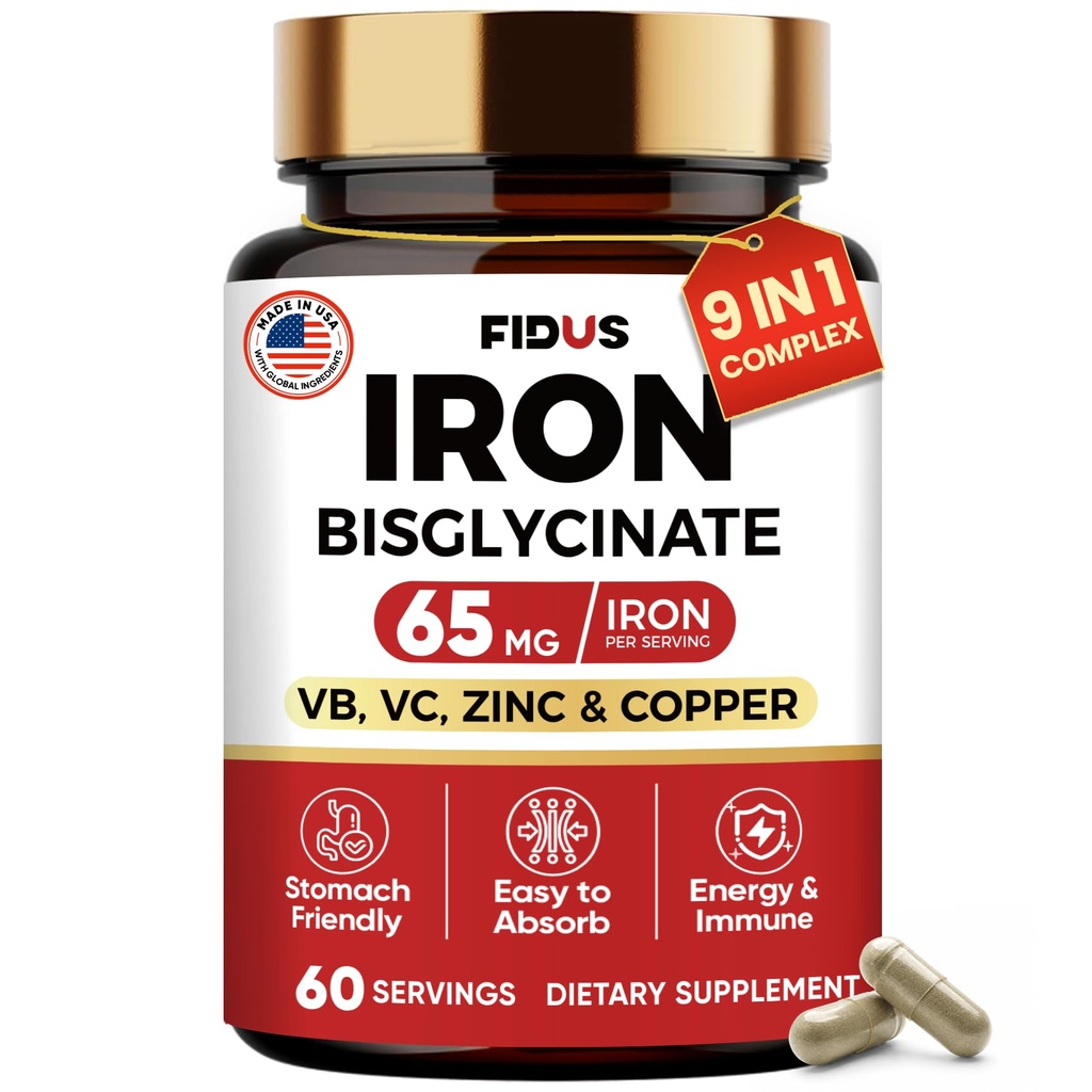Iron Supplement for Women, 65mg Iron (Ferrous Bisglycinate 350mg), 60 Days