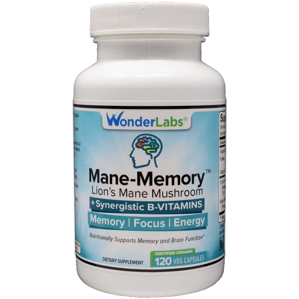 Wonder Laboratories Lions Mane Mushroom 1100mg Mycelium & Fruting Body - Nutritionally Supports Memory and Brain Function Plus Essential B-Complex for Energy - 120 Capsules