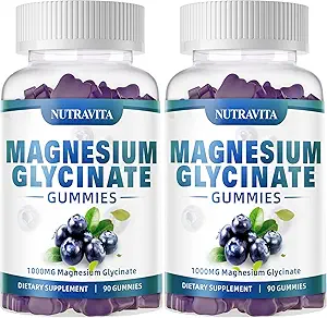 Magnesium Glycinate Gummies 1000mg met Magnesium L-Threonaat, Gecheld Magnesium Kalium Complex Supplement met VitD, B6, CoQ10, Calcium, Ondersteuning voor Geheugen, Kalm, Mood - 180 Gummies Blueberry