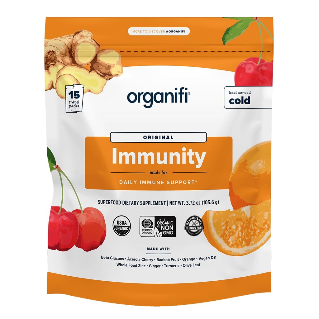 Organifi Immunity - Organic Superfood Immunity Support - 15 Single Serve Packets - Immunity Powder for T Cell Production and Upper Respiratory Health - Mushroom Beta Glucans, Vitamine C, D en Zink