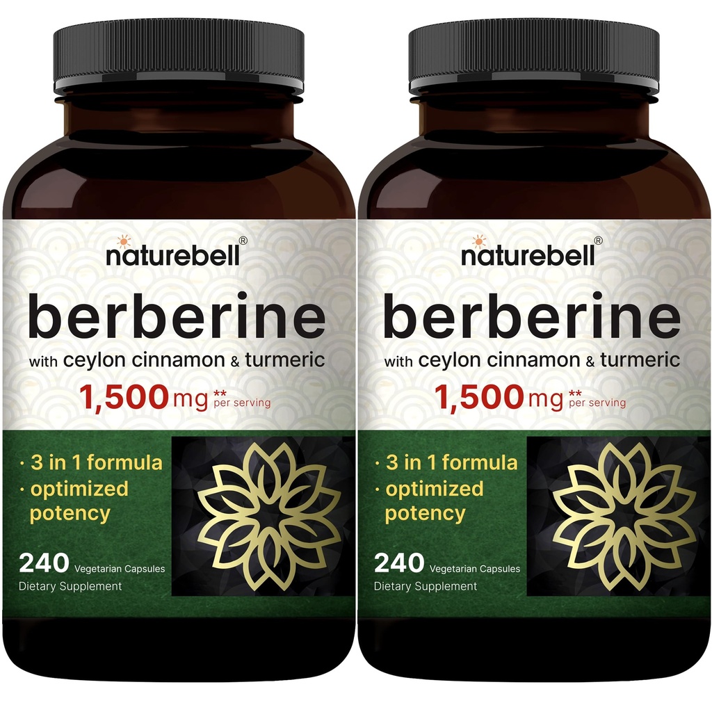 NatureBell Berberine Supplement 1,500mg with Ceylon Cinnamon & Turmeric Root, 480 Veggie Capsules (2 Pack) | 97% Pure Berberine HCL | Supports Balanced Sugar Levels & Heart Health | Vegan, Non-GMO