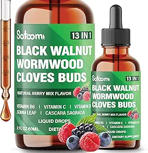 Satoomi 13in1 Zwarte walnoot vloeibare druppels met Wormhout, Kruidnagels, Vitamine B6, Vitamine C, Vitamine D, Senna, Cascara Sagrada en 5 Meer - 2 Fl Oz voor 60 dagen - Berry Mix smaak
