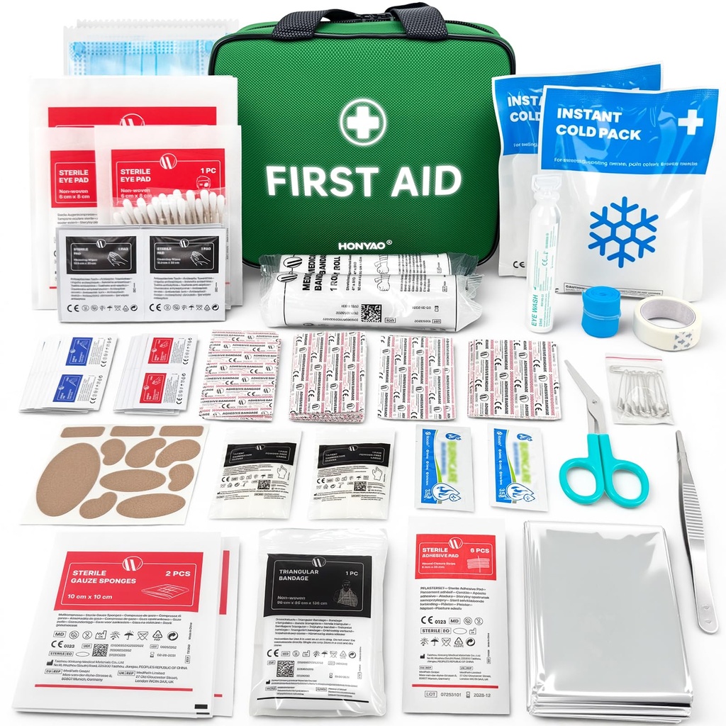 HONYAO First Aid Kit, 180 Pieces, Complete First Aid Kit for Home, Cars, Businesses, Sports, Travel, Camping, Trekking, Children, Green