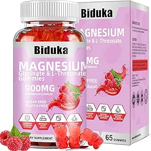 900mg Magnesium Complex 65 Raspberry Gummies, Suikervrij Magnesium Glycinate & L-Threonate Kaliumsupplement met vitamine D, B6, CoQ10 voor ontspanning