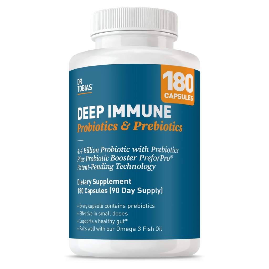 Dr. Tobias Deep Immune Probiotics & Prebiotics - Dual Action Digestion & Immune Support with PreforPro Prebiotics & Spore Forming Probiotics for Women & Men - 180 Capsules (90 Servings)