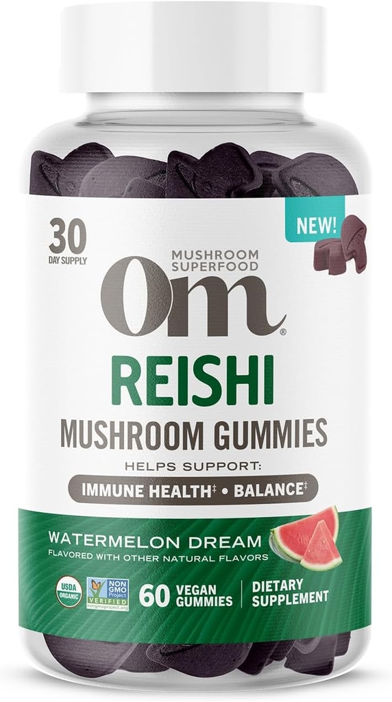 Om Mushroom Superfood Reishi Gummies, USA Groeide Biologische Paddenstoelen, Ondersteunt Immune Health, Balance, & Stress, 60 Tellen, 30 Serves Gummy Supplementen