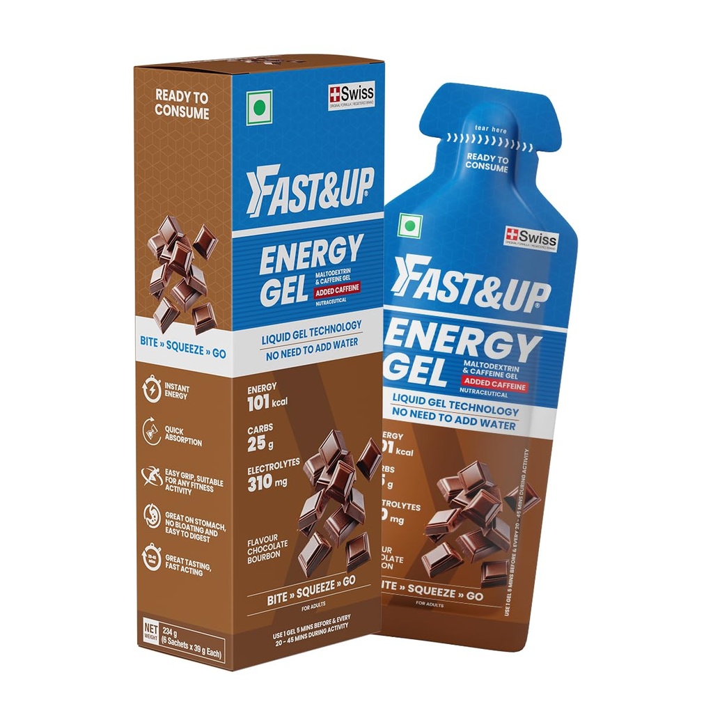 Fast&Up Energy Gel- Chocolate Bourbon flavour (Caffeinated) - Pack of 6 Gel Sachets, For Instant energy boost, Improved endurance and performance