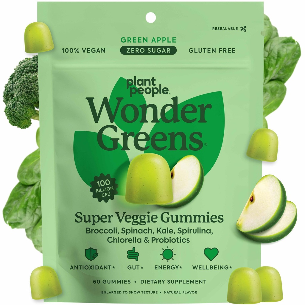 Plant People WonderGreens Veggie Gummies Super Greens met Probiotica Multivitamine Ondersteuning Gummy voor Welzijn, Energie, Immune en Gut Health, Green Apple Flavor (60 Tellen)