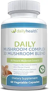 Daily Health 10 Paddestoel Blend Complex 60 Capsules Cordyceps, Reishi, Shiitake, Lions Mane, Maitake, Turkije Tail, Chaga, Agaricus, White Button, Black Fungus, Vegan Vriendelijk (1 maand aanbod)