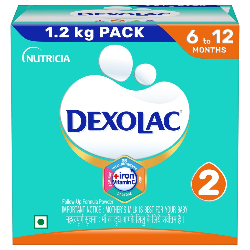 Dexolac Stage 2 Follow up Formula for Babies - (6-12 months) - with Iron,Vit C, Zinc, Protein & other Vital nutrients - 3x400g -Bag -in -Box