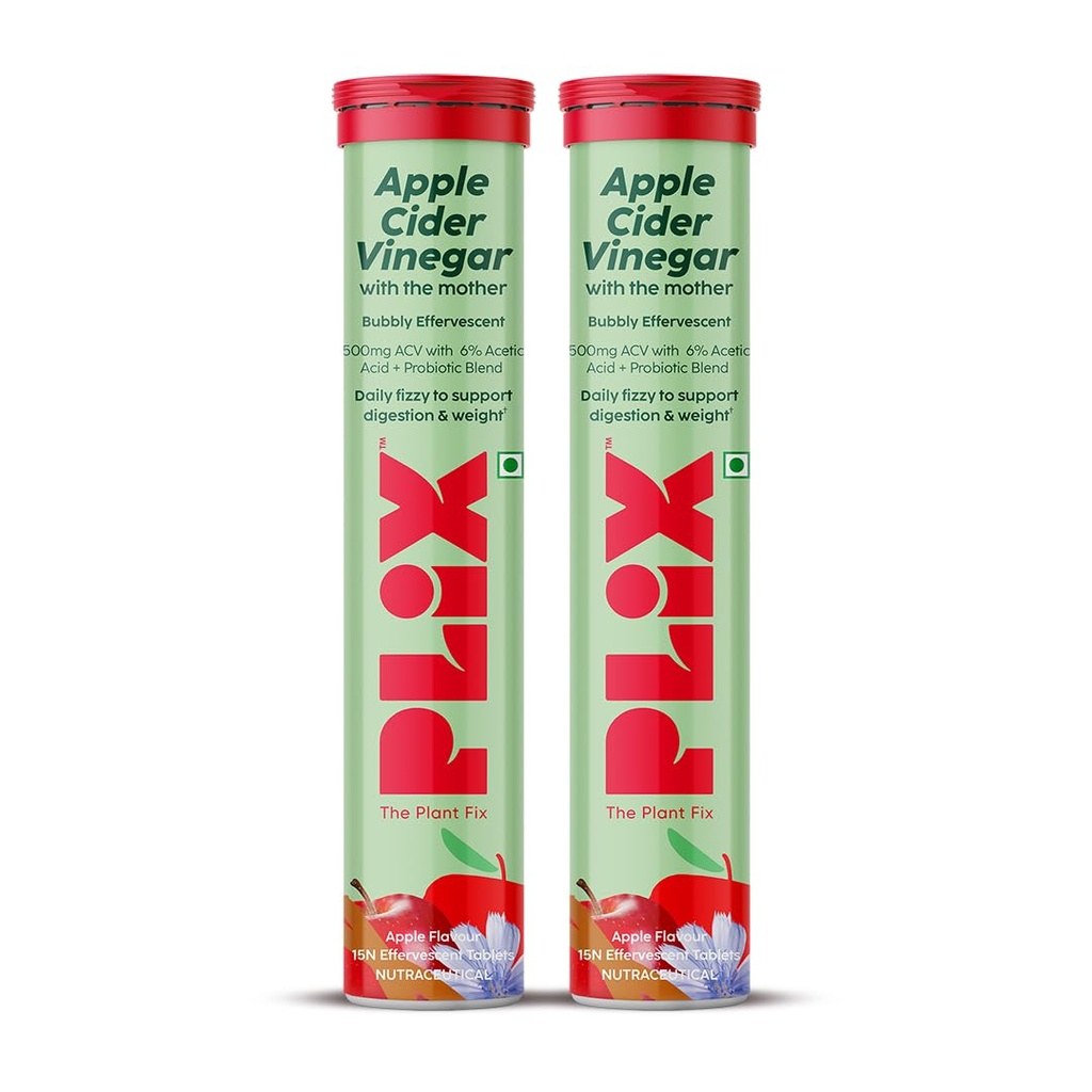 PLIX - THE PLANT FIX Probiotics+ Apple Cider Vinegar Effervescent Tablets|Supports Digestion,Improves Gut Health & Metabolism|With 10bn CFU|15 Tablets,Pack of 2|For Unisex, 220 grams