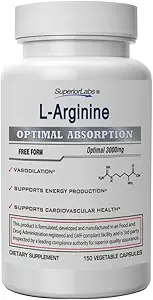 Superior Labs L-Arginine 3000mg, Pure Non-GMO, High-Potency Amino Acid, Nitric Oxide & Vasodilatation Booster voor de bloedstroom, ondersteunt energie en duurzaamheid, Spierpomp & Heart Health, 150 Veg Caps
