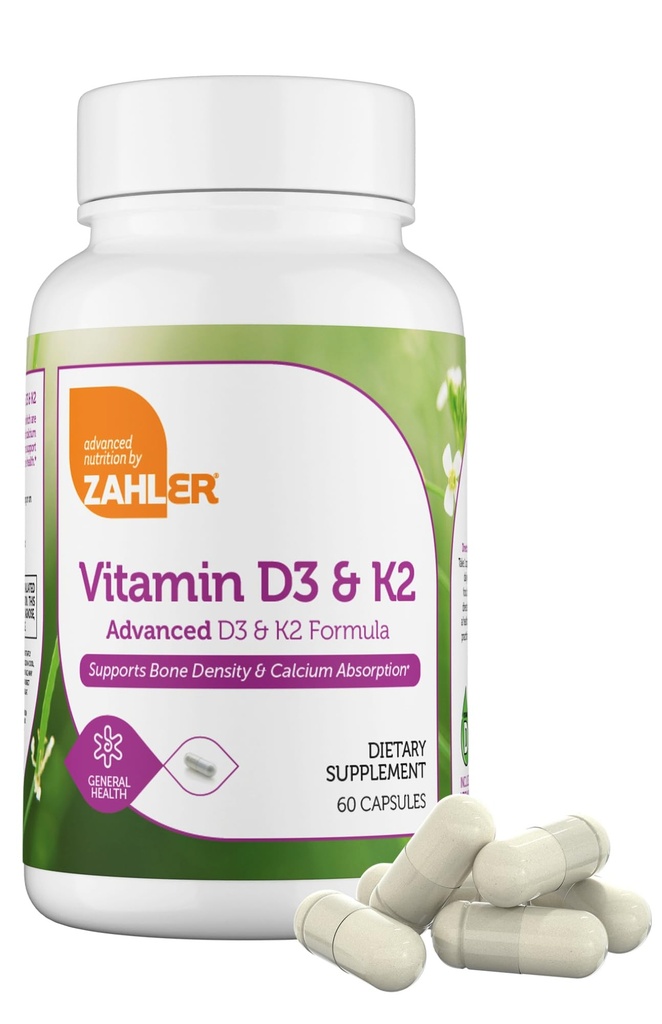 Zahler Vitamine D3 5000 IE K2 - Advanced Vitamine D3 K2 Formula - Botdichtheid & Calcium Absorptie - Kosher Vegetarisch MK7 Vitamine K2 D3 Vitamine Supplement - VIT D3 K2, Vitamine D K2 (60 capsules)