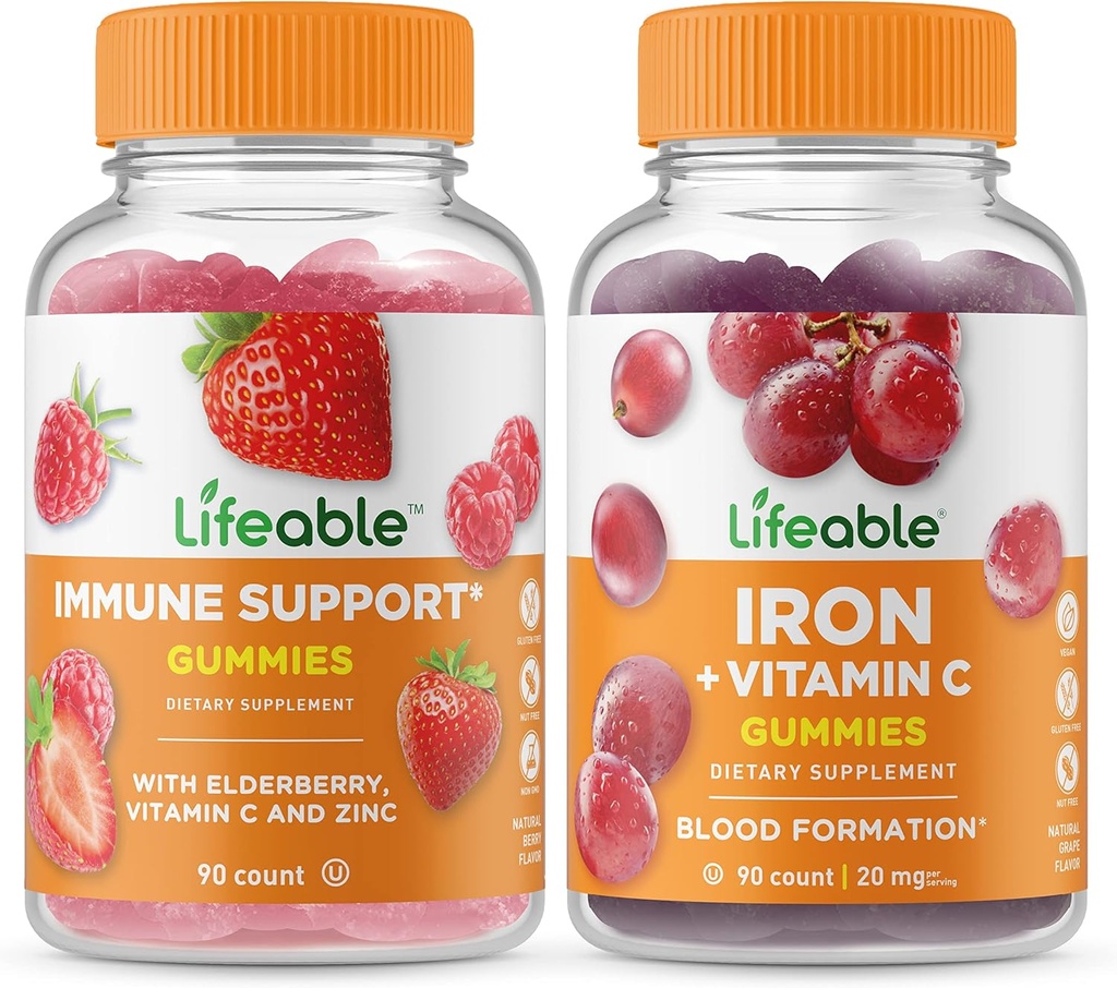 Levensvatbare Immuun Ondersteuning + ijzer met vitamine C, Gummies Bundle - Grote Proeverij, Vitamine Supplement, Glutenvrij, GGO-vrij, Kauwbaar