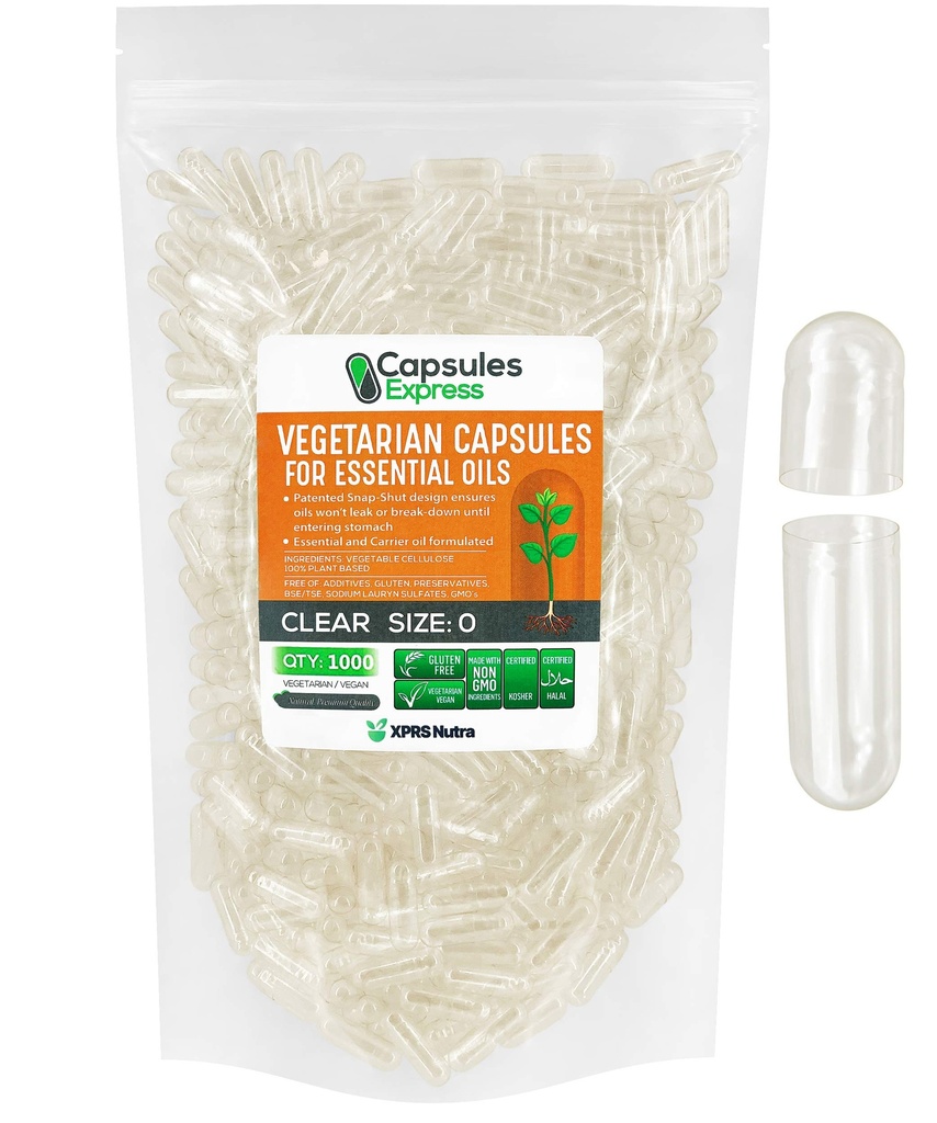XPRS Nutra Maat 0 Lege Vegan Capsules - 1000 Tel Clear Veggie Capsules voor essentiële oliën - Lege plantaardige caps - DIY het vullen werkt met de meeste olie