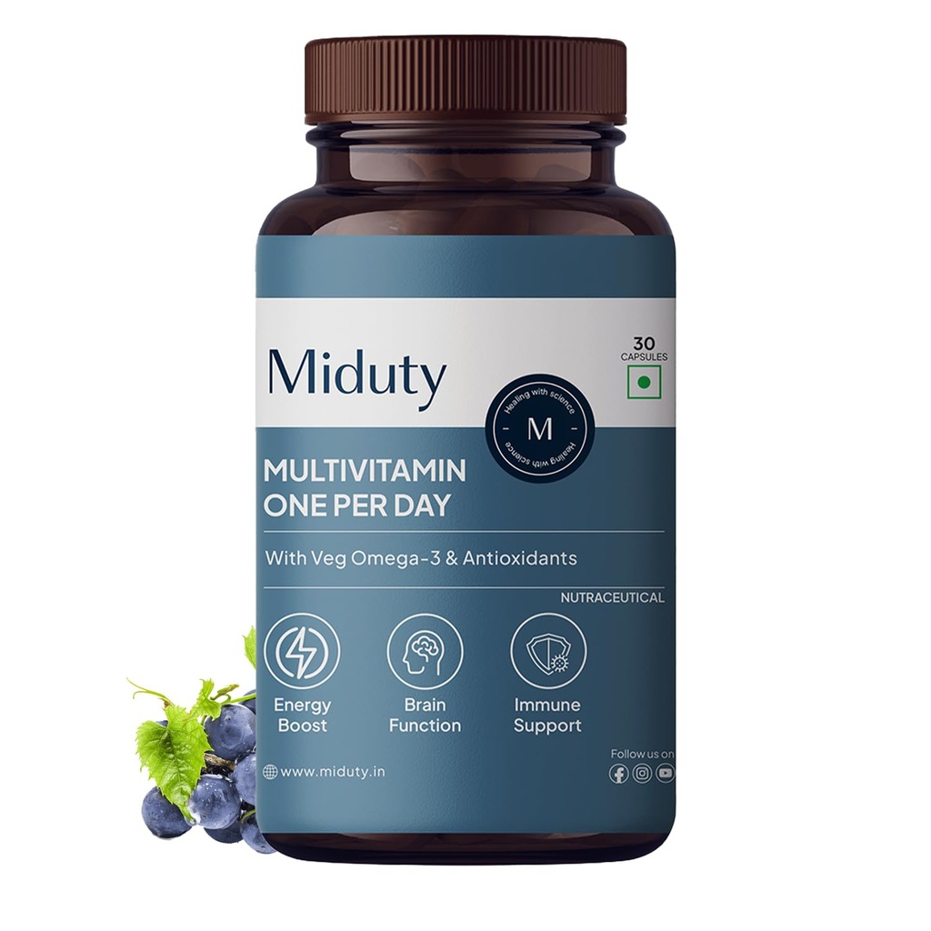 Miduty Multivitamin with Veg Omega 3 | Immunity Booster & Muscle Function for Men & Women | Daily Vitamin Supplement with DHA, A-Lipoic Acid, Grape Seed Extract, Magnesium - 30 Capsule