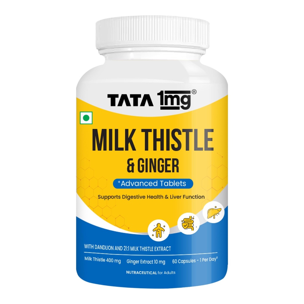 Tata 1mg Milk Thistle Liver Detox Capsules (Veg) - 60 Count | Liver Health Supplement with 70% Silymarin, Dandelion & Ginger | For Men & Women