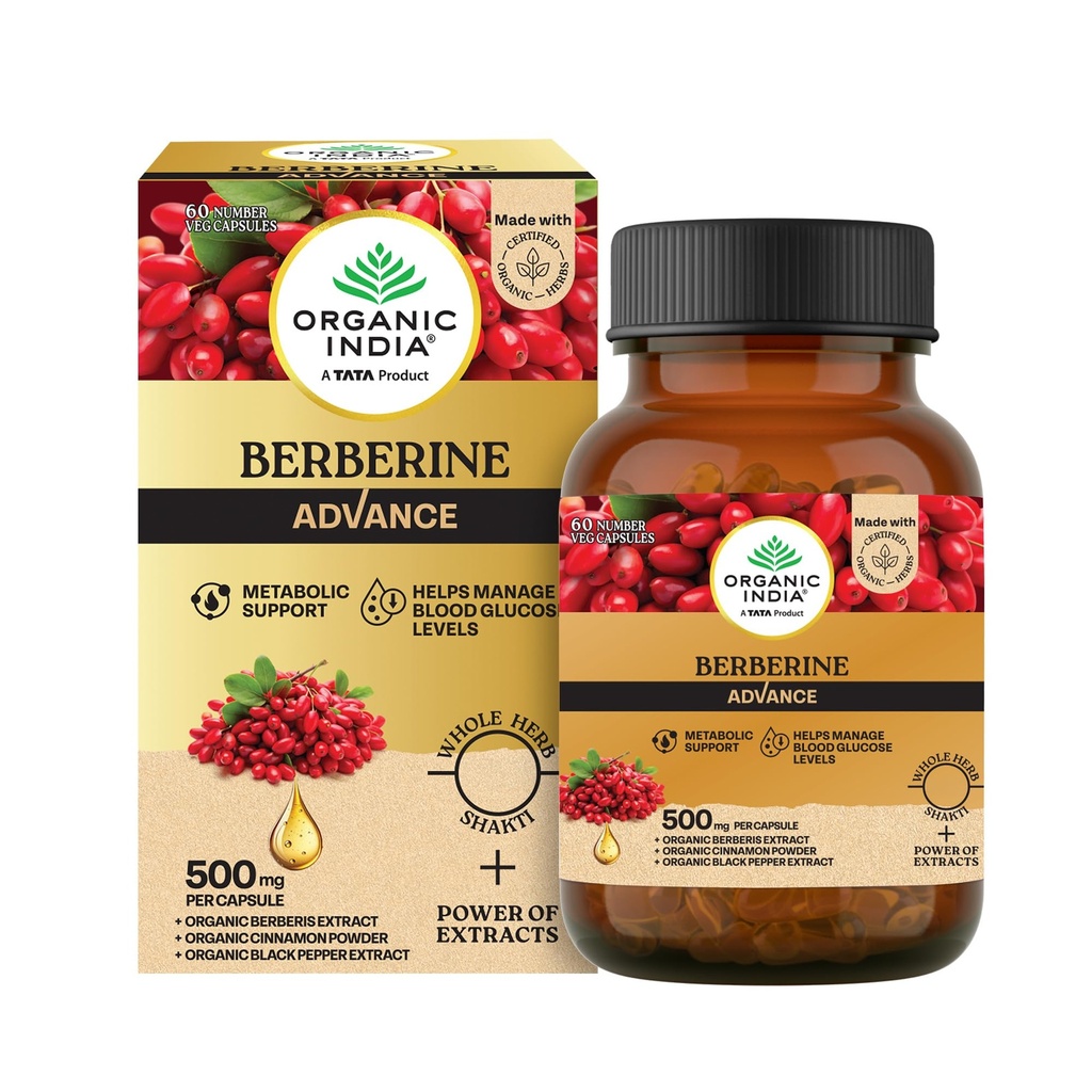 Organic India Berberine Advance Capsules, 60 Veg Capsules, 500 mg per Capsule, With Organic Cinnamon & Black Pepper Extract, Metabolic Support & Blood Glucose Balance