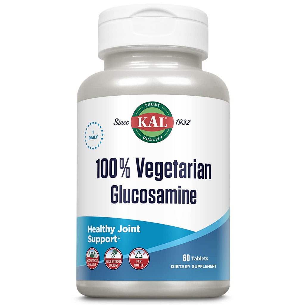 KAL 100% Vegetarische Glucosamine 1000 mg, Joint Health Supplement met Vegan Glucosamine HCl, Joint Support for Comfort and Mobility, Made Without Shellfish, 60 dagen garantie, 60 porties, 60 tabletten