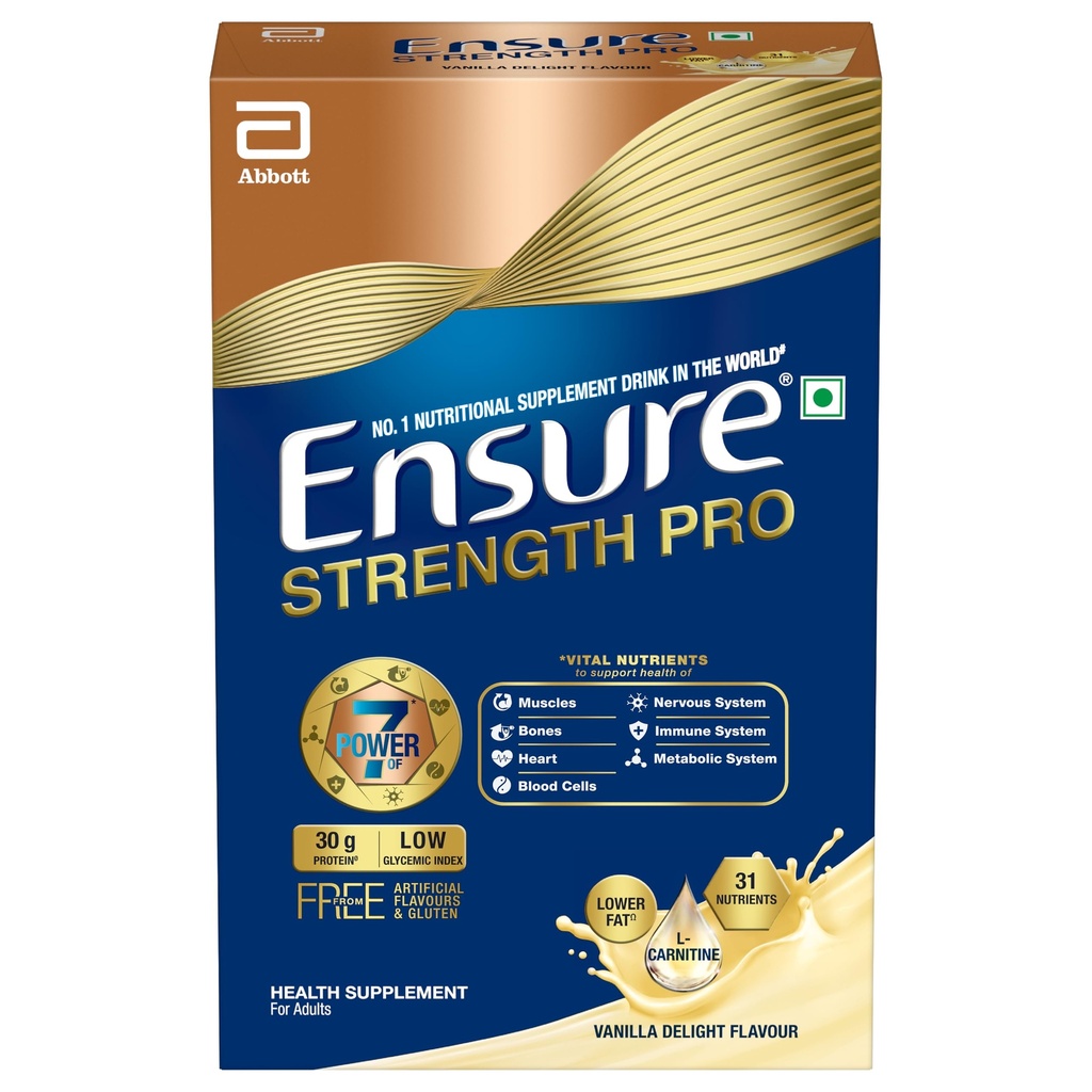 Ensure Strength Pro | High Protein Nutritional Drink for Adults | Vanilla Delight (400g) | 30g Protein, Low GI, Gluten Free | L-Carnitine| No Artificial Flavors | Scientifically formulated with Power of 7- Muscles, Bones, Heart, Immune System, Metabolic System, Nervous system, Blood Cells health