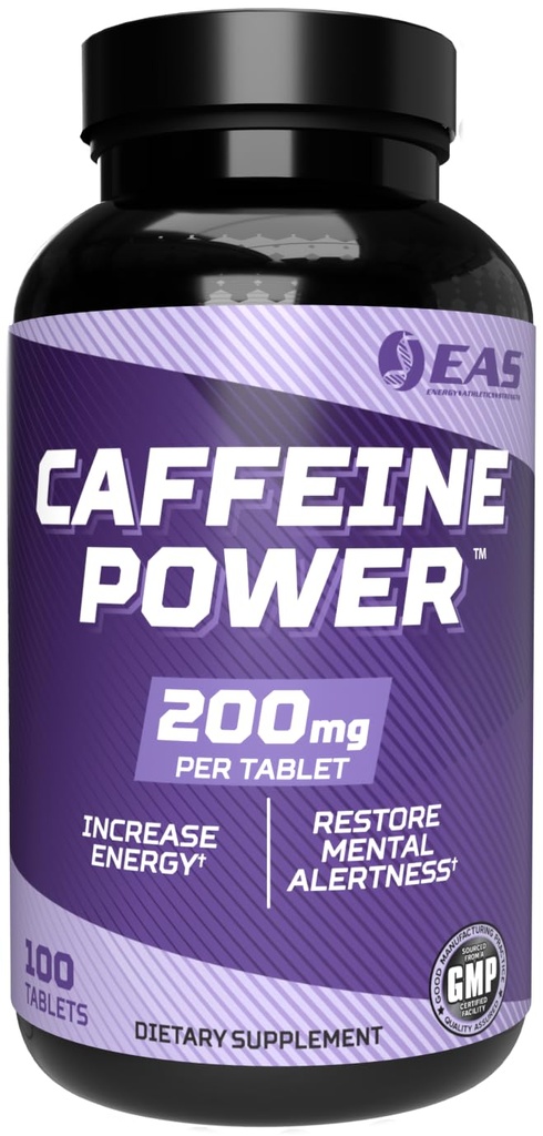 EAS Caffeine Power 200mg | Caffeine Pills Supplement | Increase Energy & Restore Mental Alertness | Gluten Free, Non GMO, Vegetarian Friendly | 100 Tablets