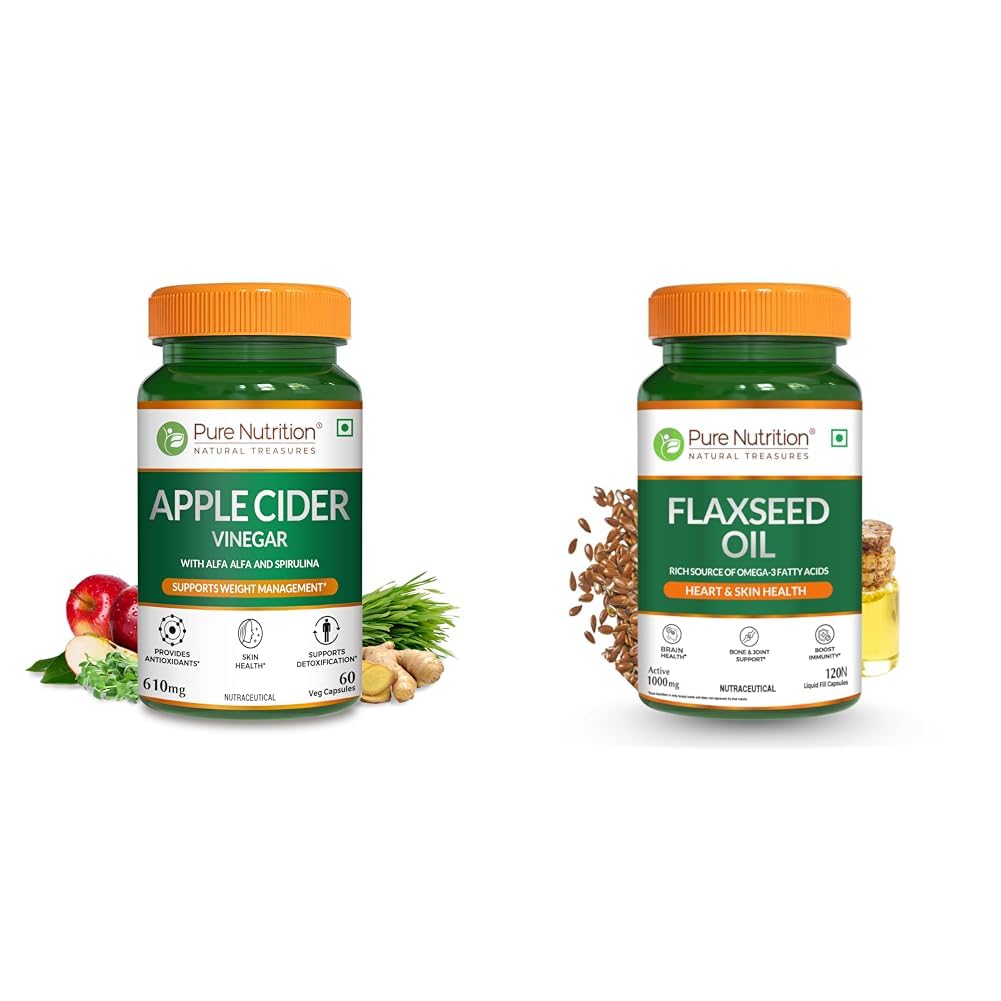 Pure Nutrition Apple Cider Vinegar with Wheat Grass & Spirulina for Enhanced Wellness | Rich in An | Pure Nutrition Flaxseed Oil Omega 3 6 9-120 Capsules (1000mg) | Plant Based Veg Omega 3 Supplement