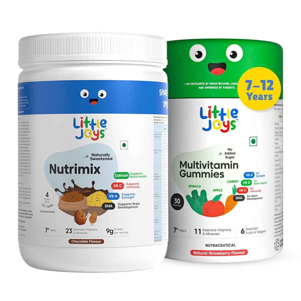Little Joys Immunity Boosting Kit | 7-12 years | For Better Immunity & Strength | With Ragi, Bajra, Vitamin A, C, D3, B12, Zinc & DHA | With Nutrimix 350g & Multivitamin Gummies 30N