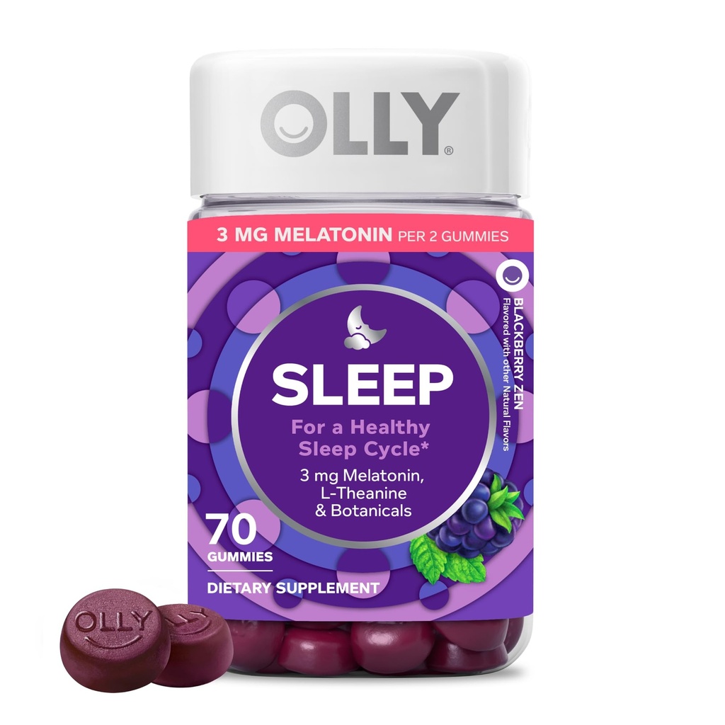 OLLY Sleep Gummy, 3 mg Melatonine, L-Theanine, Kamille, Lemon Balm, Slaaphulp, Blackberry - 70 Tellen