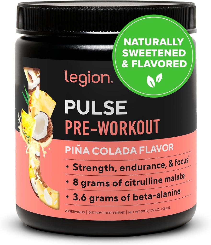 LEGION Pulse Pre Workout - All Natural Nitric Oxide Preworkout Drink to Boost Energy, Creatine Free, Naturally Sweetened, Beta Alanine, Citrulline, Alpha GPC (Pina Colada)