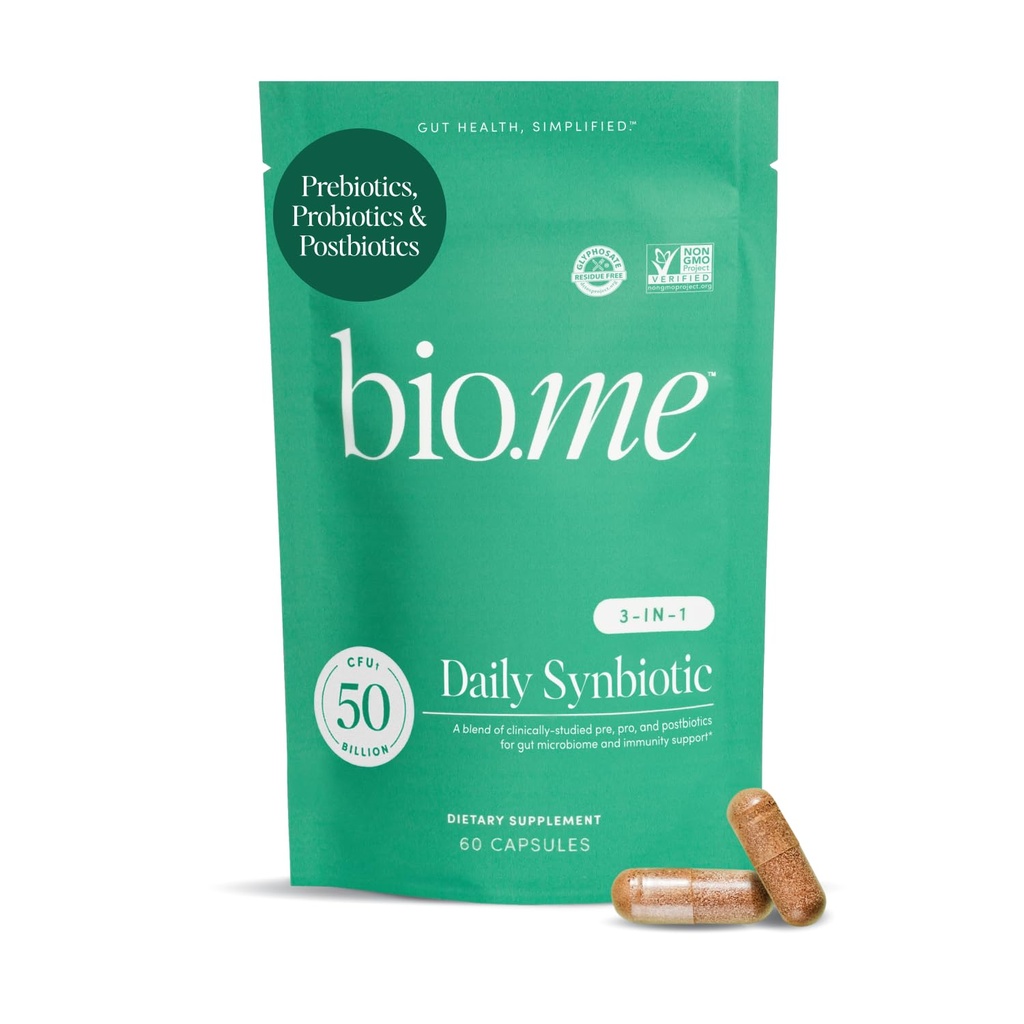 Synbiotica 3-in-1 Prebiotica, Probiotica & Postbiotica voor de spijsvertering, Gut Health, Immune Support & Bloating Relief for Men & Women - 50 miljard CFU per portie - Vegan, 60 capsules (30 porties)