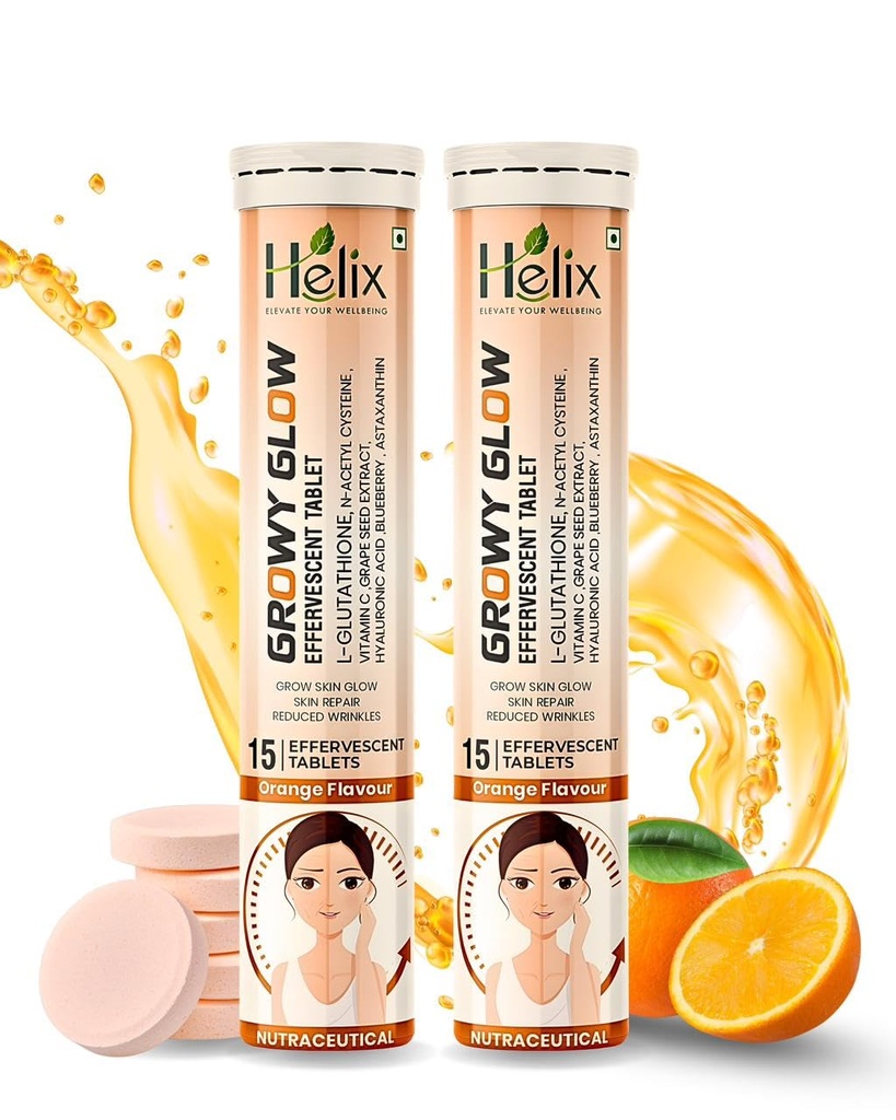 Helix GROWY GLOW Glutathione Effervescent Tablets for Glowing Skin & Radiance | Skin Brightening & Anti-Aging Support with N-Acetyl Cysteine, Hyaluronic Acid, Grape Seed, Astaxanthin & Blueberry Extract | Orange Flavour | 15 Tablets (Pack of 2)