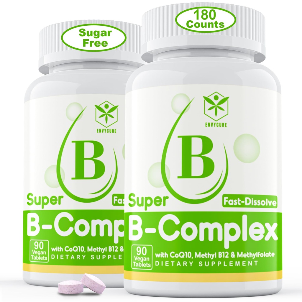 Suikervrij vitamine B Complex met Methyl B12, MethylFolaat, B6, B1, B2, B3, Fast Solution Highly Bio available Methylated B Complex Supplement for Energy Levels, Neural System, Vegan,180 Tablets