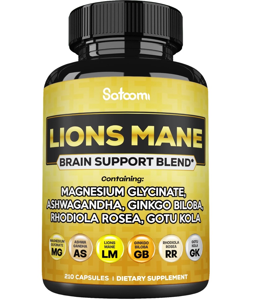 Lions Mane supplement Capsules met Magnesium met Ashwagandha Root, Ginkgo Biloba, Rhodiola Rosea en Gotu Kola - 210 Vegan Capsules - Ondersteuning van hersenen Gezondheid, Positieve Mood & Energieproductie