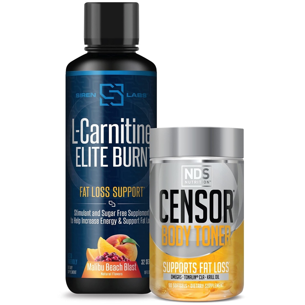 Censor NDS Nutrition Fat Loss-Body Toner with CLA (90 Softgels) & Siren Labs L-Carnitine Elite Burn Fat Loss Support Malibu Beach Blast 3000 mg (32 Servings)