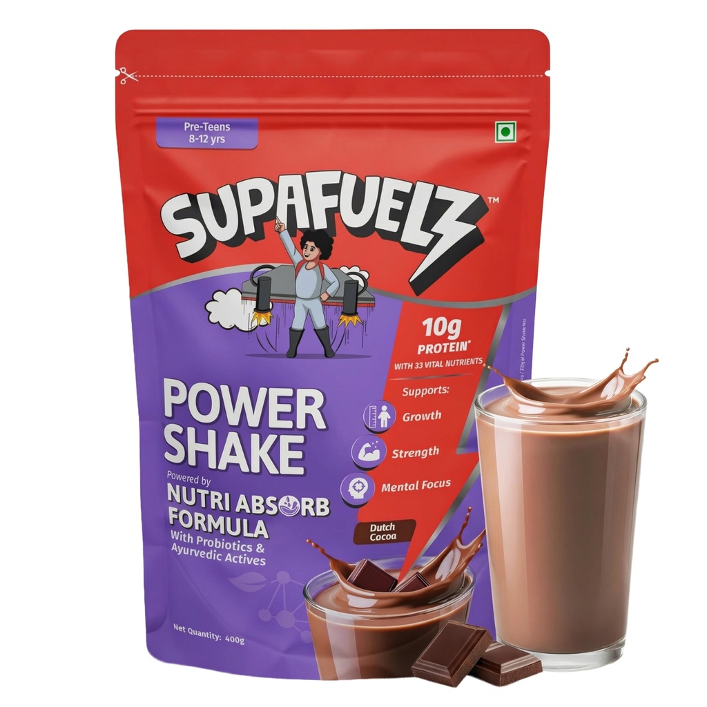 Power Shake 8-12 yr kids | Height & Strength Drink | 10g Protein, 33 Nutrients, Probiotics & Ayurvedic Actives | Nutrition Support for Growth, Focus & Energy | Chocolate 400g | Safe Nutrition Drink For Kids