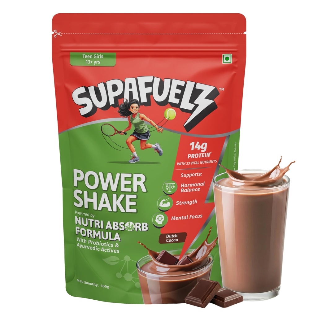 Power Shake Teen Girls 13+ Yrs | Height & Strength Drink | 14g Protein, 33 Nutrients, Probiotics & Ayurvedic Actives| Daily Nutrition drink supports Height, Strength & Focus | Chocolate 400g | Safe Nutrition Drink For Teens