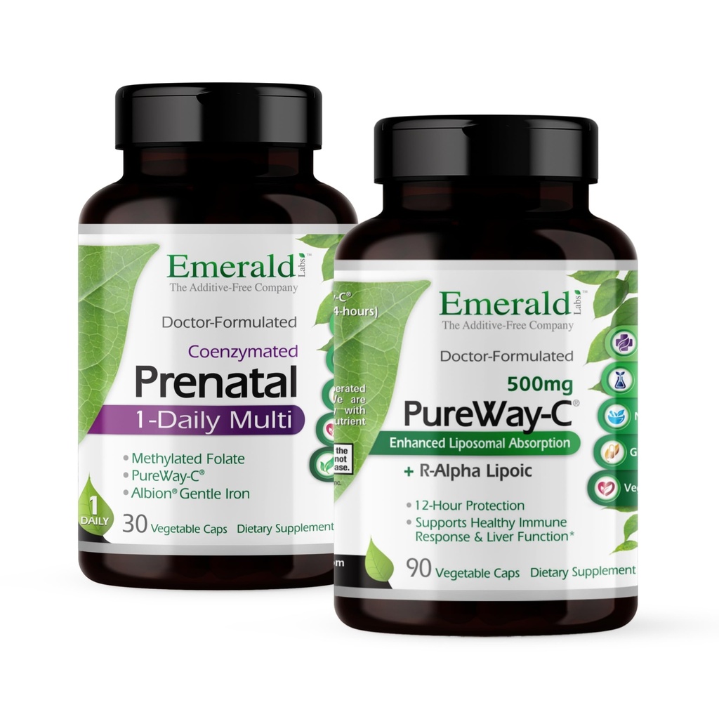Emerald Labs Bundle with Prenatale 1-Daily Multi (60 Veg Caps) & PureWay-C (90 Veg Caps) - Prenatale Multivitamine met Methylated Folaat, IJzer & More* - Vitamine C Supplement met R-Alpha Lipoïnezuur
