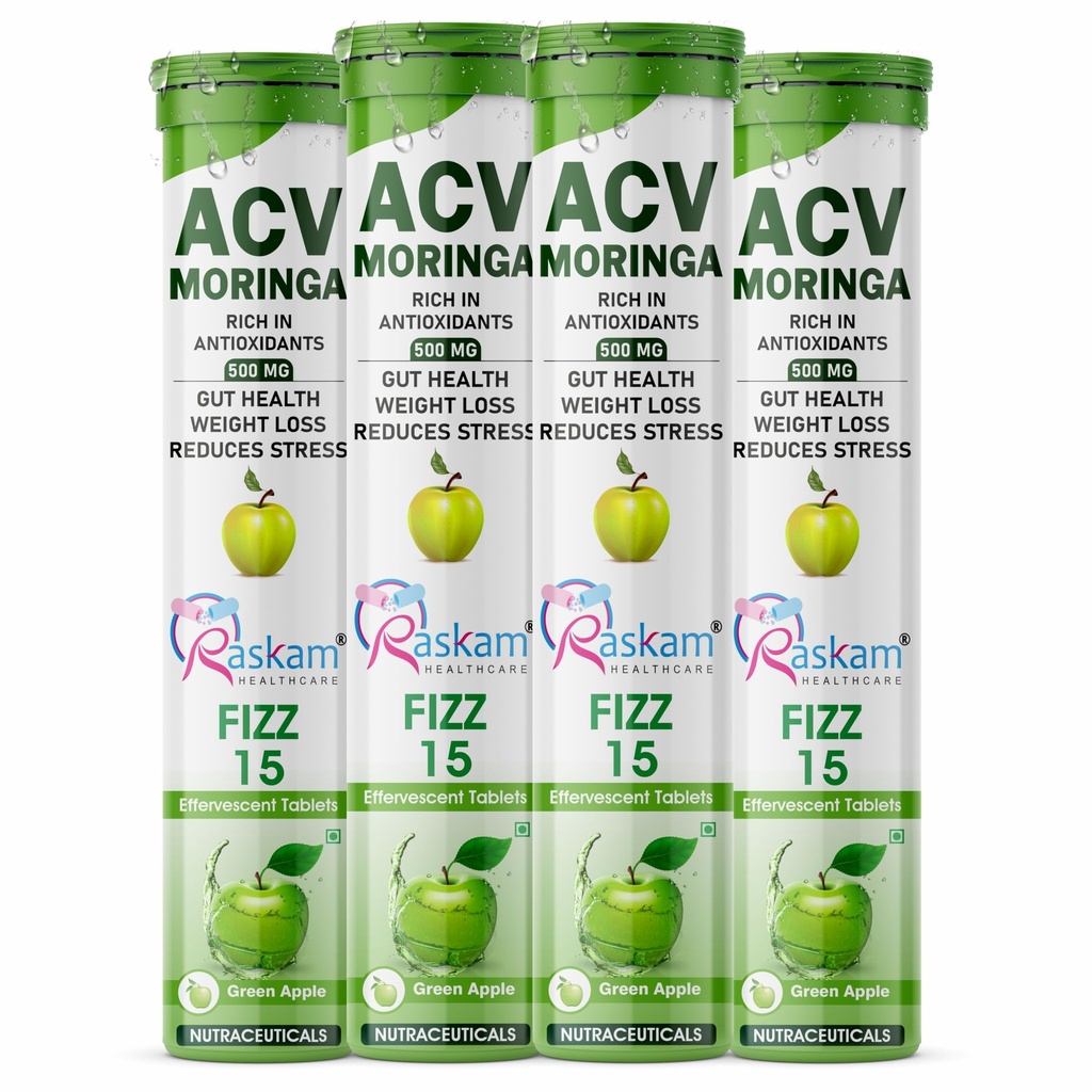 ACV Moringa Effervescent Tablets 500mg Apple Cider Vinegar with Moringa No Added Sugar for Gut Health Weight Loss Green Apple Flavor Pack of 4 (15 Tablets Each)