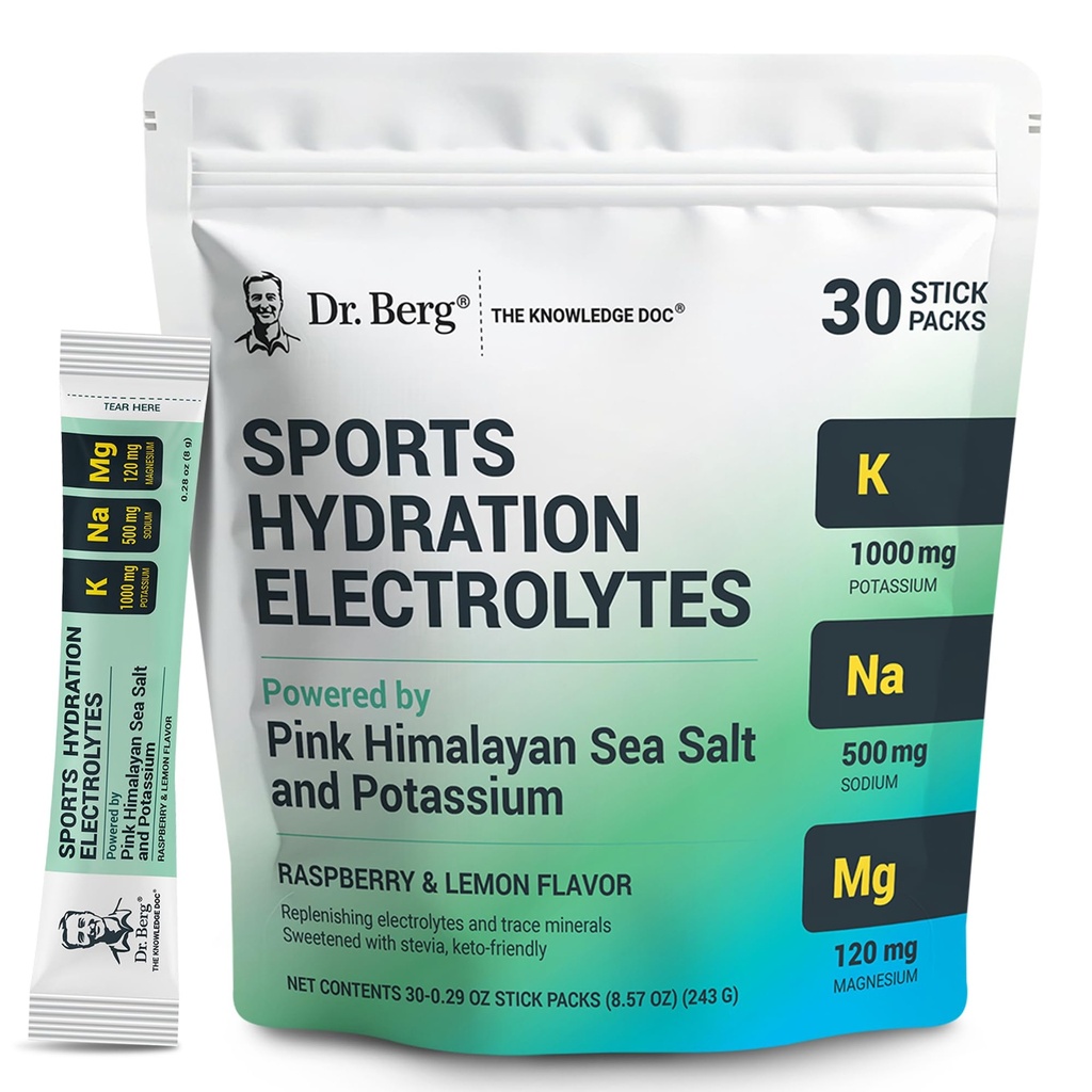Dr. Berg Sports Hydration Electrolytes Powder w/More Salt (Pink Himalayan) - 30 Keto Electrolytes Powder Packets w/a Delicious Salty Raspberry & Lemon Flavor - Includes 1,000mg of Potassium