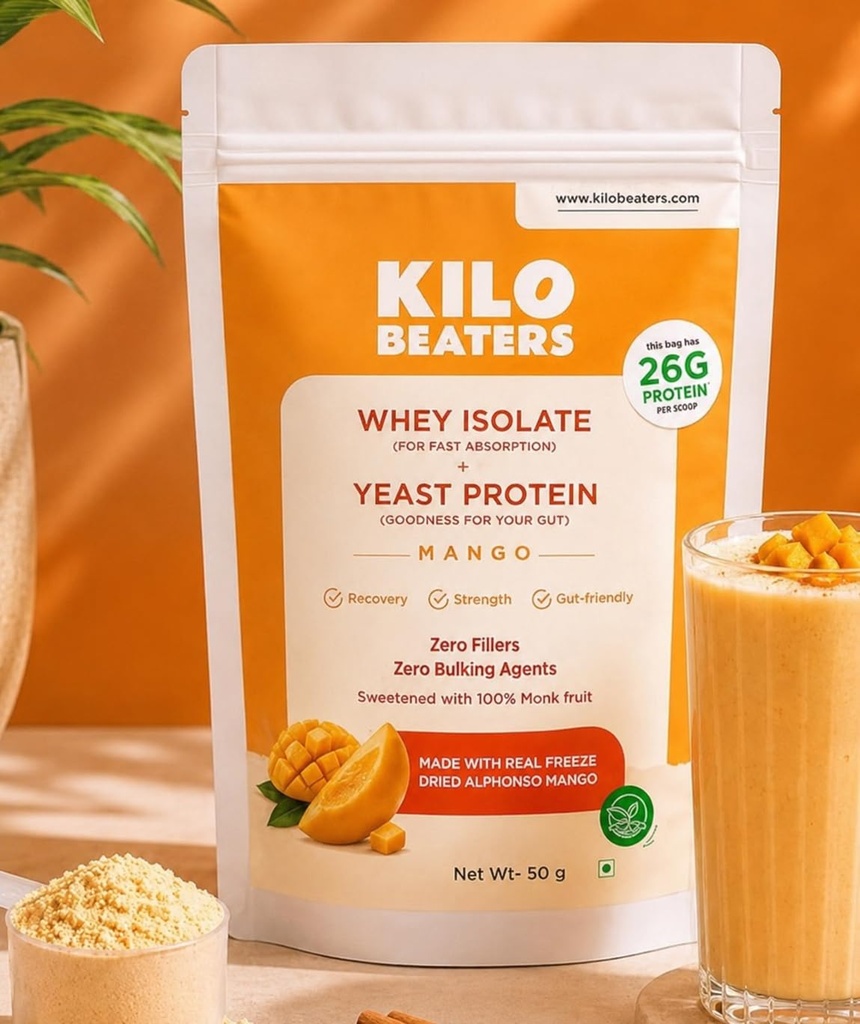 KiloBeaters Whey Protein Isolate Powder with Yeast Protein Pack of 4 x 50g | Real Alphonso Mango | 26g Protein Per Scoop | High Protein Supplement for Muscle Recovery & Lean Muscle Support | Gut-Friendly | Zero Fillers | Monk Fruit Sweetened